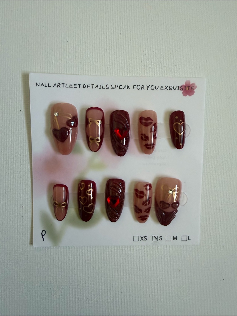 NEW Handcrafted Deep Red and Nude Heart Accent Press-On Nails Size Small ♥️